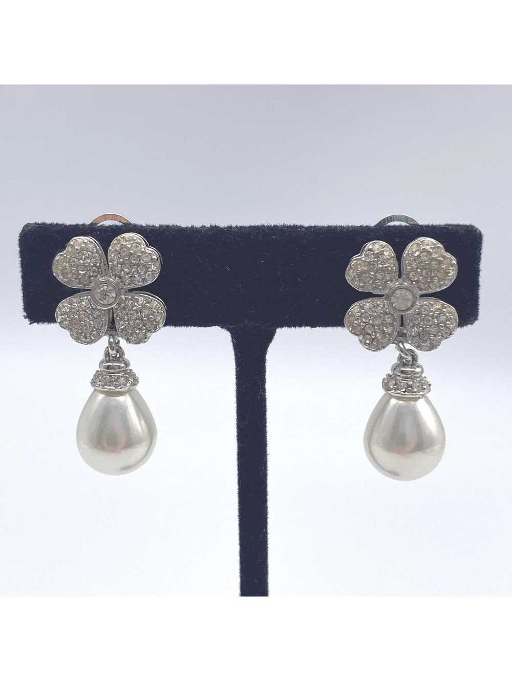 Vintage Sterling Silver Flower Clip On Earrings, Faux Pearl Dangle, ITALY